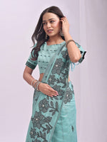 Dazzling Aqua Color Linen Fabric Designer Saree