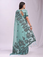 Dazzling Aqua Color Linen Fabric Designer Saree