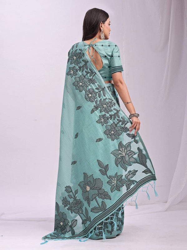Dazzling Aqua Color Linen Fabric Designer Saree
