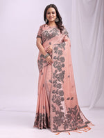 Dazzling Peach Color Linen Fabric Designer Saree