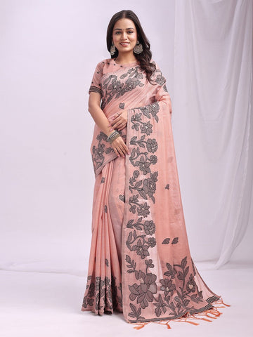 Dazzling Peach Color Linen Fabric Designer Saree