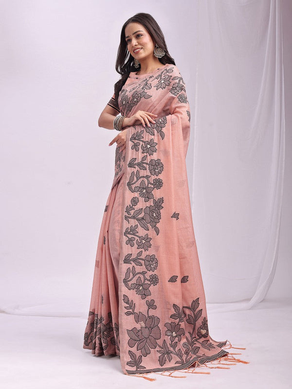 Dazzling Peach Color Linen Fabric Designer Saree