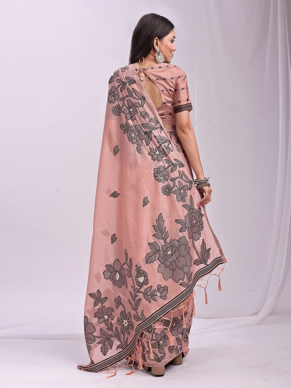 Dazzling Peach Color Linen Fabric Designer Saree