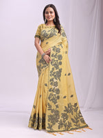 Dazzling Yellow Color Linen Fabric Designer Saree
