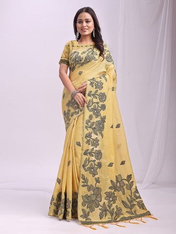Dazzling Yellow Color Linen Fabric Designer Saree
