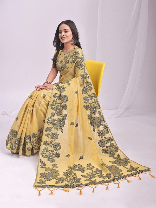 Dazzling Yellow Color Linen Fabric Designer Saree