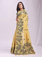 Dazzling Yellow Color Linen Fabric Designer Saree