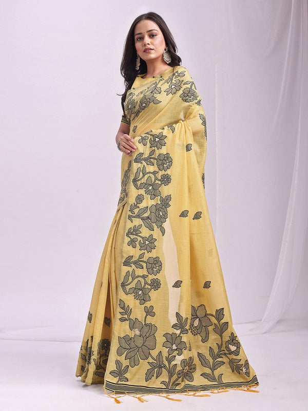 Dazzling Yellow Color Linen Fabric Designer Saree