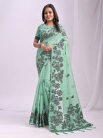 Dazzling Green Color Linen Fabric Designer Saree