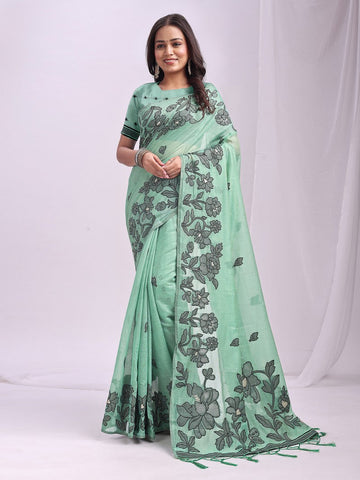 Dazzling Green Color Linen Fabric Designer Saree