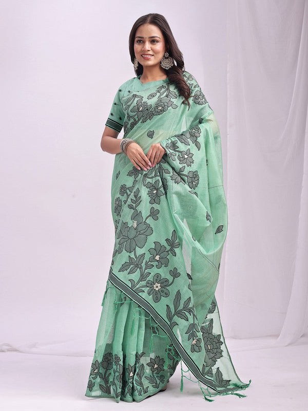 Dazzling Green Color Linen Fabric Designer Saree