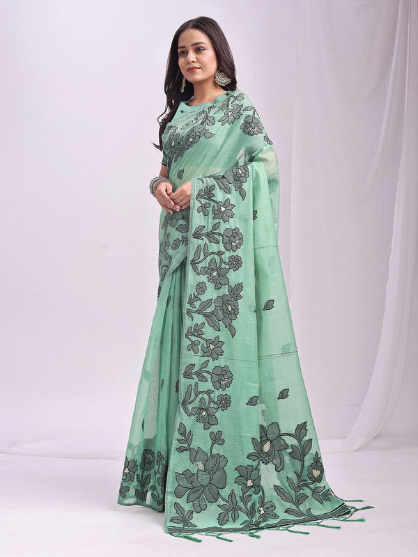 Dazzling Green Color Linen Fabric Designer Saree