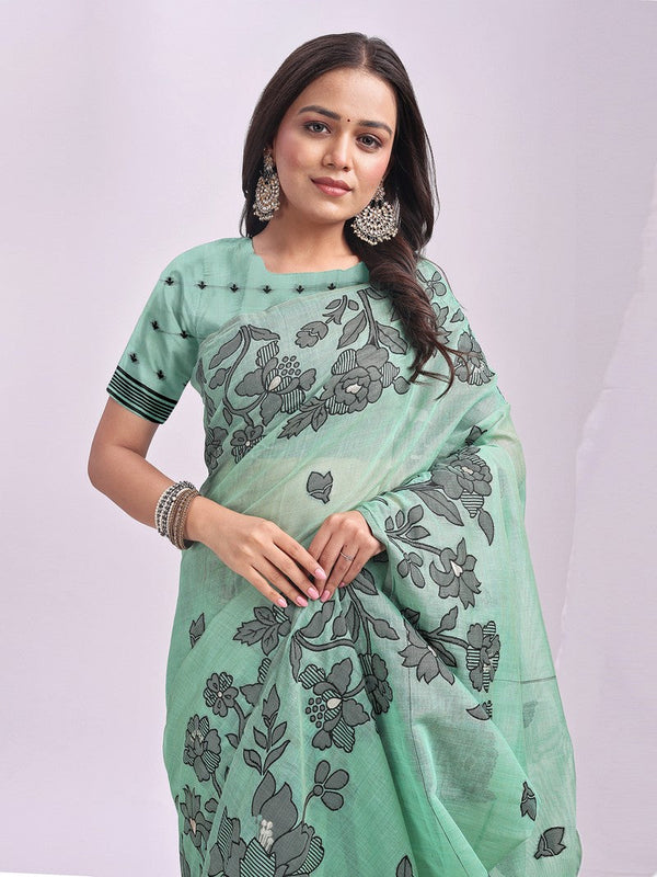 Dazzling Green Color Linen Fabric Designer Saree