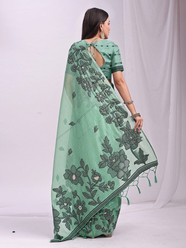 Dazzling Green Color Linen Fabric Designer Saree