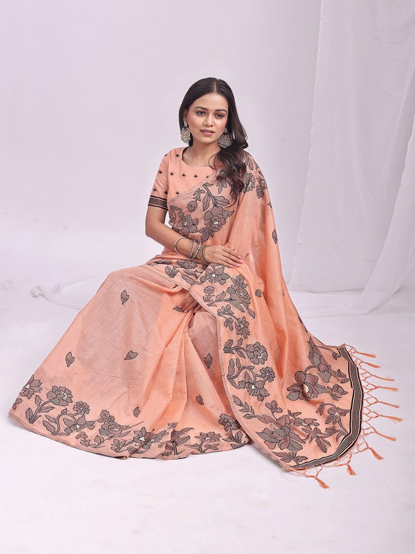 Dazzling Orange Color Linen Fabric Designer Saree