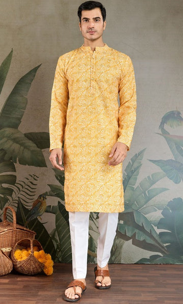 Amazing Yellow Color Cotton Fabric Kurta Pajama