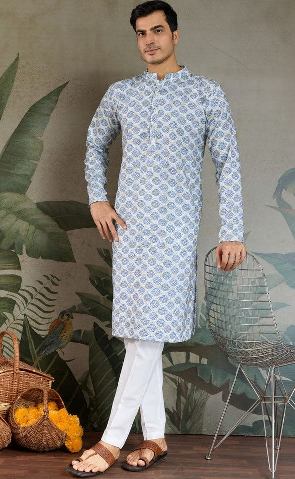 Amazing Blue Color Cotton Fabric Kurta Pajama