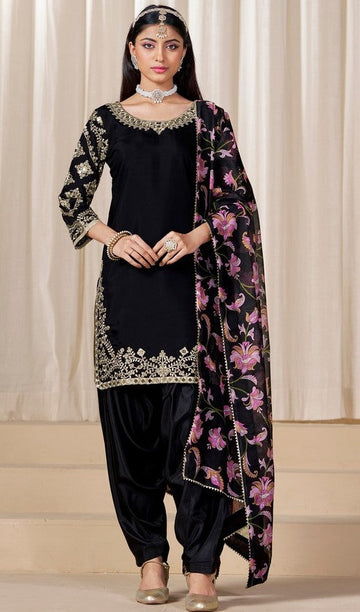 Classy Black Color Silk Fabric Patiala Suit