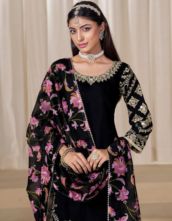Classy Black Color Silk Fabric Patiala Suit