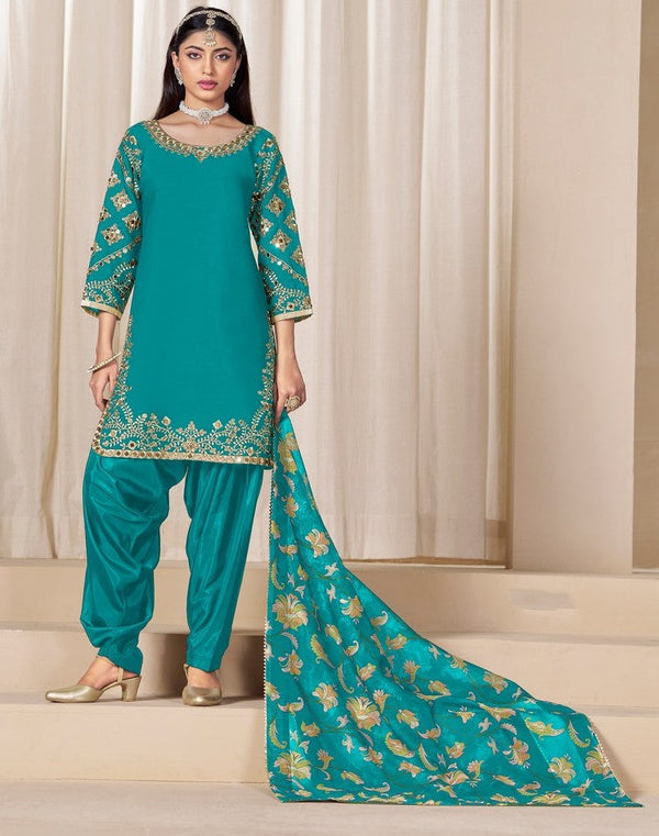 Classy Turquoise Color Silk Fabric Patiala Suit