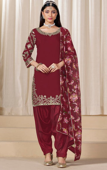 Classy Maroon Color Silk Fabric Patiala Suit