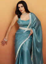Grand Aqua Color Velvet Fabric Designer Saree