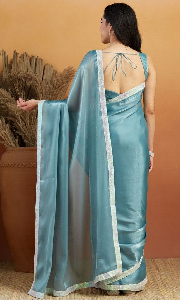 Grand Aqua Color Velvet Fabric Designer Saree