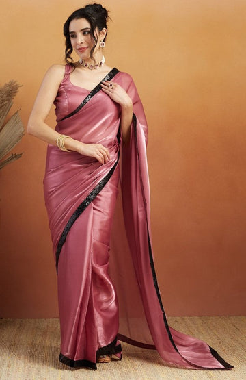 Grand Pink Color Velvet Fabric Designer Saree