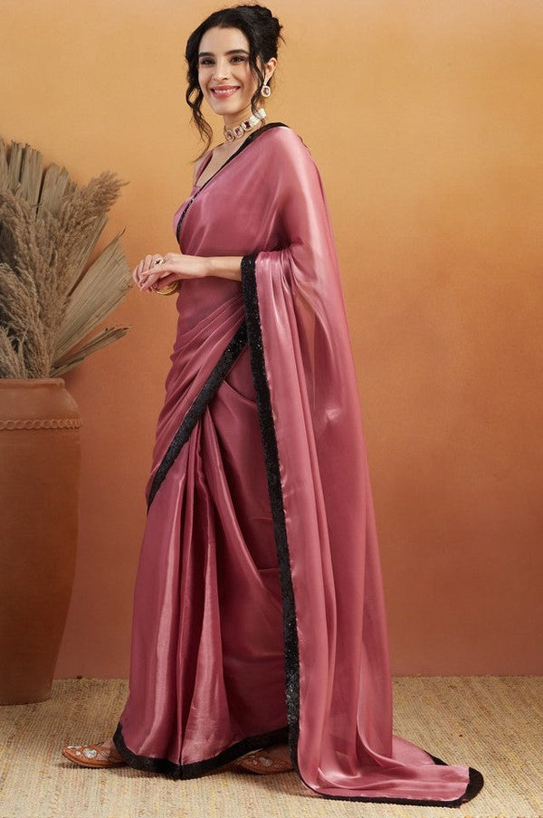 Grand Pink Color Velvet Fabric Designer Saree