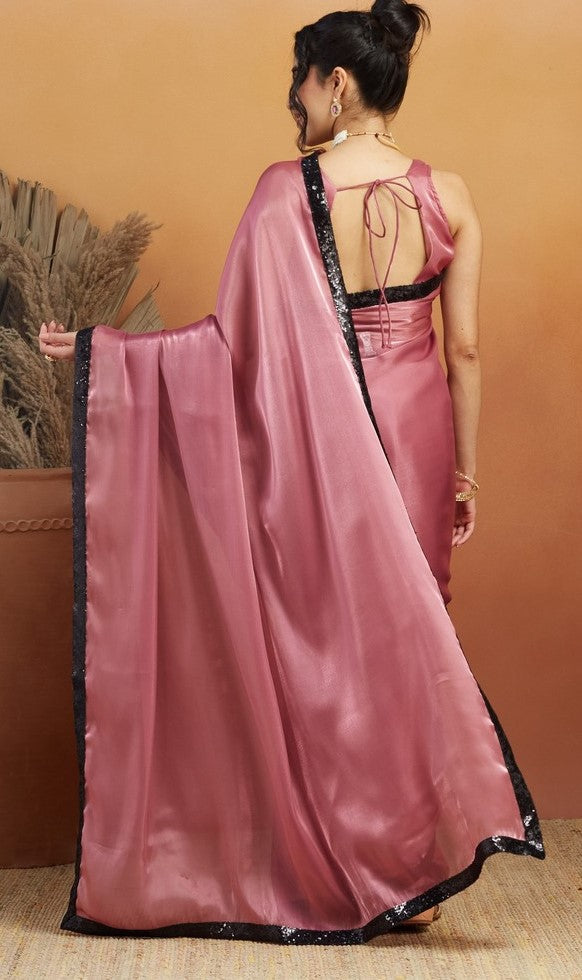 Grand Pink Color Velvet Fabric Designer Saree