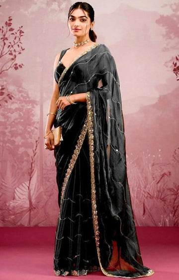 Tempting Black Color Silk Fabric Partywear Saree