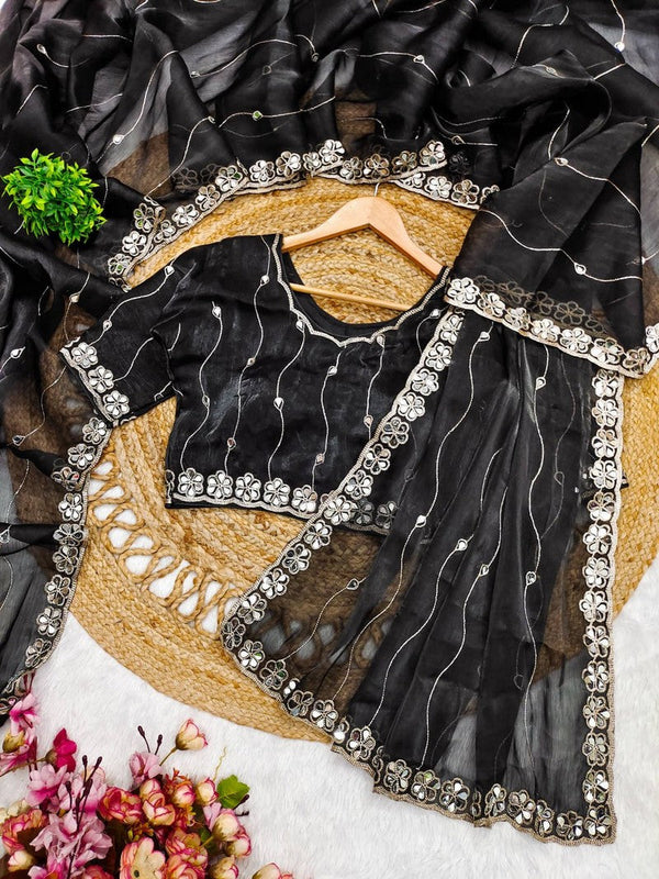 Tempting Black Color Silk Fabric Partywear Saree