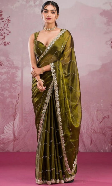 Tempting Green Color Silk Fabric Partywear Saree