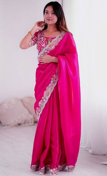 Beautiful Pink Color Jimmy Fabric Partywear Saree