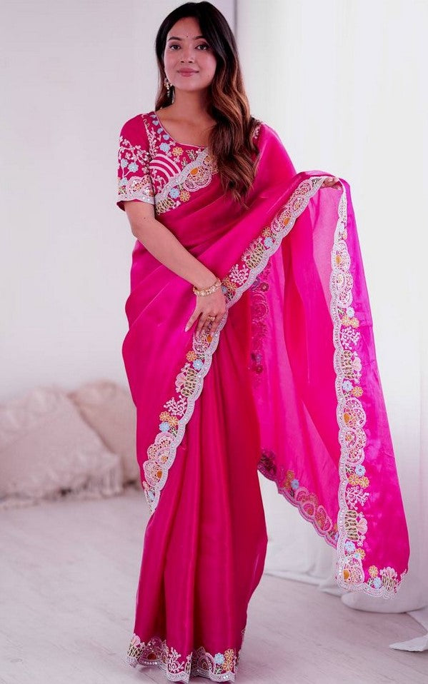 Beautiful Pink Color Jimmy Fabric Partywear Saree