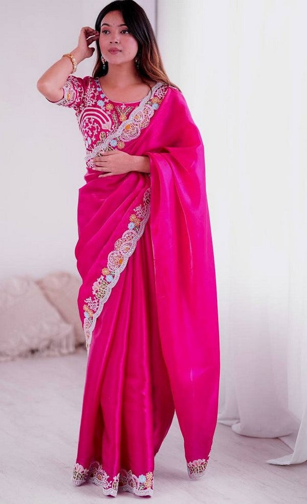 Beautiful Pink Color Jimmy Fabric Partywear Saree