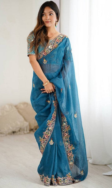Beautiful Teal Color Silk Fabric Partywear Saree