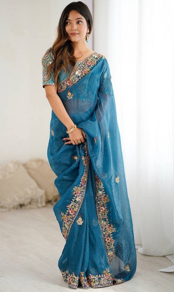 Beautiful Teal Color Silk Fabric Partywear Saree