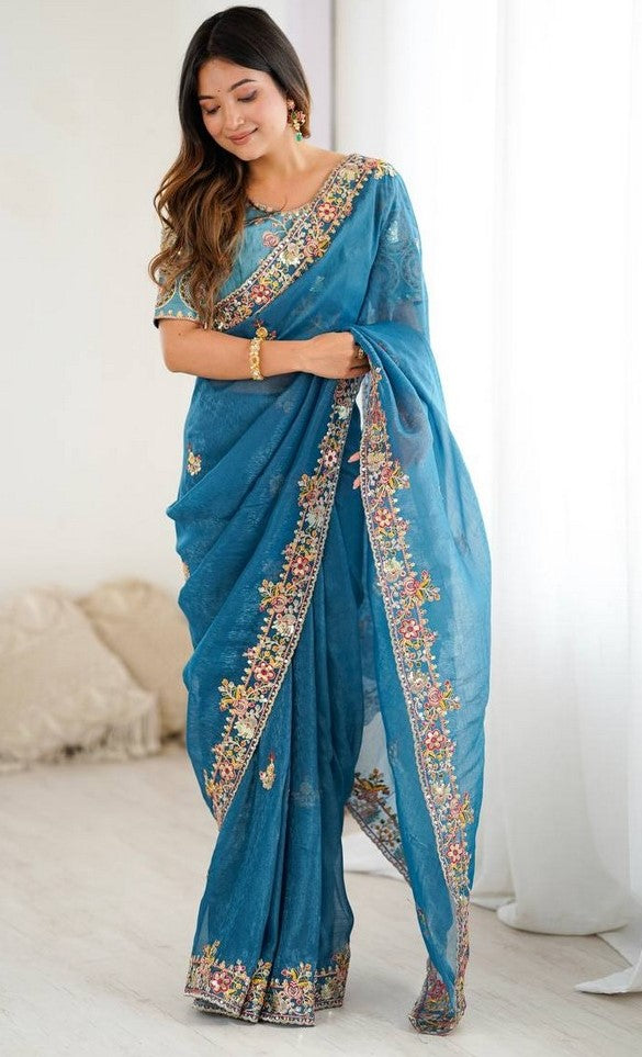 Beautiful Teal Color Silk Fabric Partywear Saree