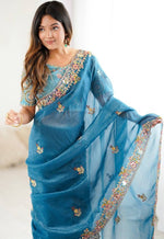 Beautiful Teal Color Silk Fabric Partywear Saree