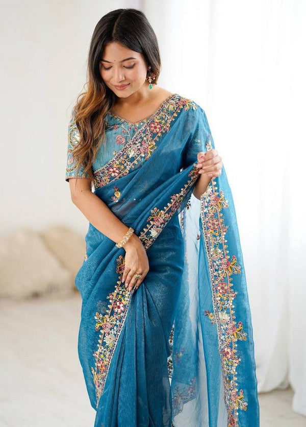 Beautiful Teal Color Silk Fabric Partywear Saree