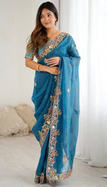 Beautiful Teal Color Silk Fabric Partywear Saree