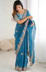 Beautiful Teal Color Silk Fabric Partywear Saree