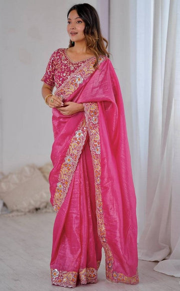 Beautiful Pink Color Jimmy Fabric Partywear Saree