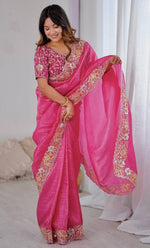 Beautiful Pink Color Jimmy Fabric Partywear Saree