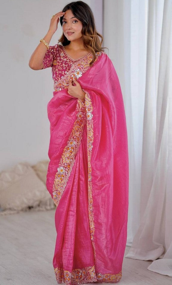 Beautiful Pink Color Jimmy Fabric Partywear Saree