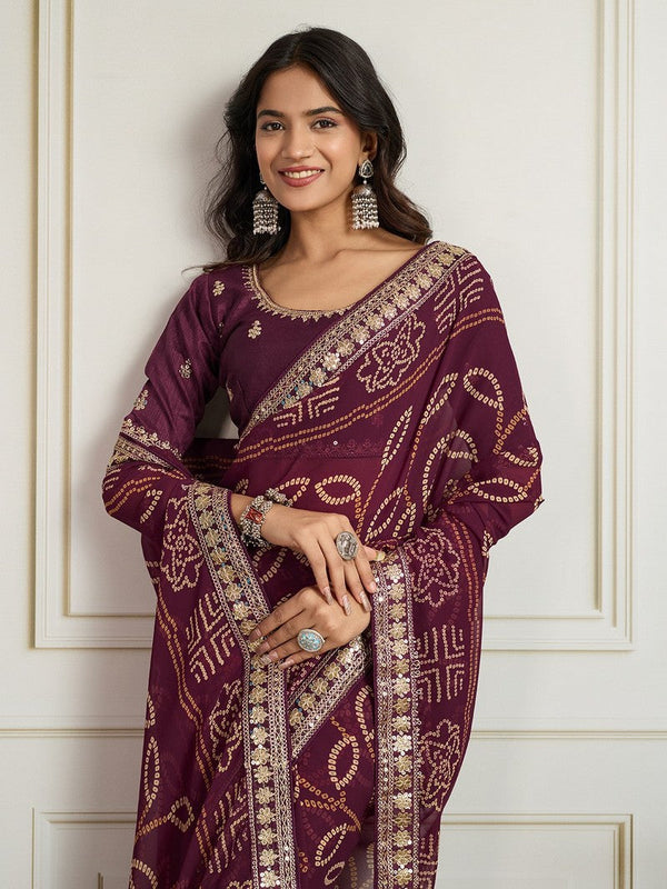 Lovely Wine Color Georgette Fabric Casual Saree