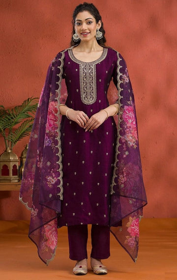 Lovely Wine Color Vichitra Fabric Designer Suit