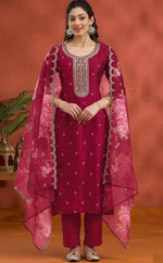 Lovely Red Color Vichitra Fabric Designer Suit