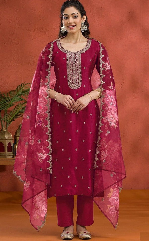 Lovely Red Color Vichitra Fabric Designer Suit